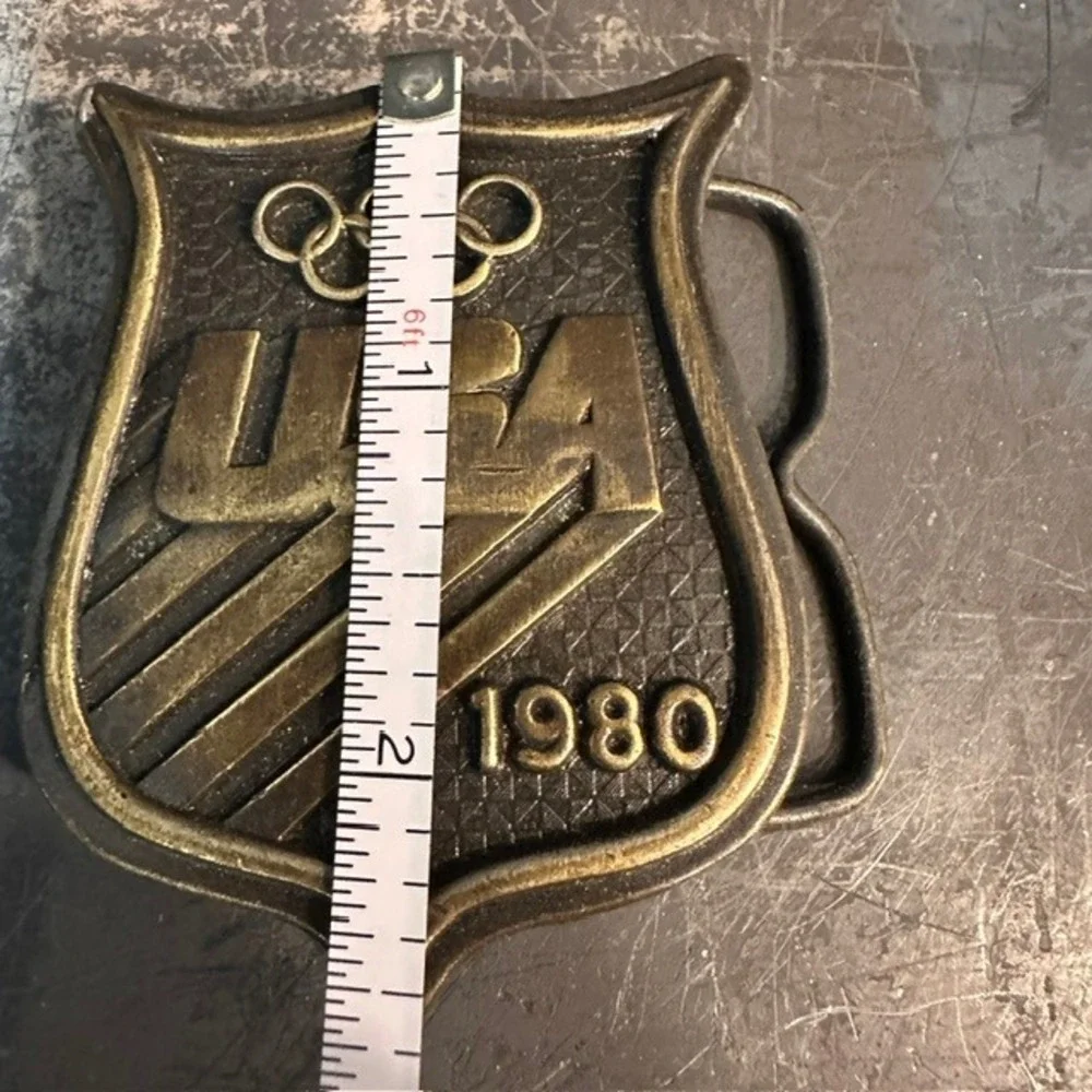 VTG 1980‎ USA Olympics Belt Buckle Brass Shield Olympic Rings Moscow Boycott Era